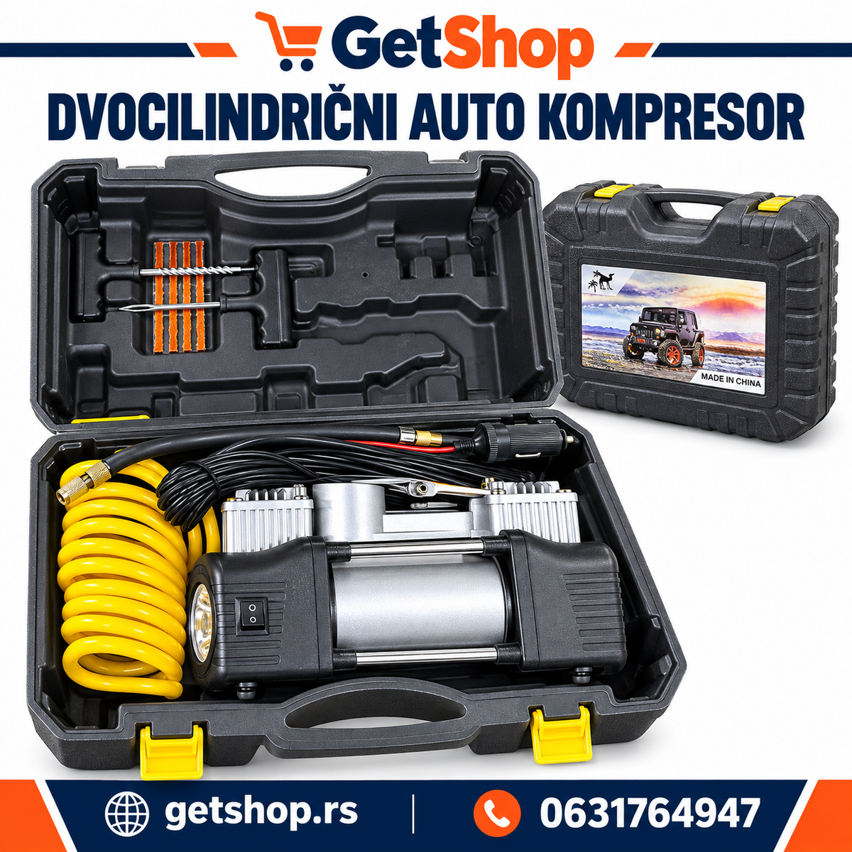 DVOCILINDRIČNI AUTO KOMPRESOR SA LAMPOM I SETOM ZA KRPLJENJE GUMA