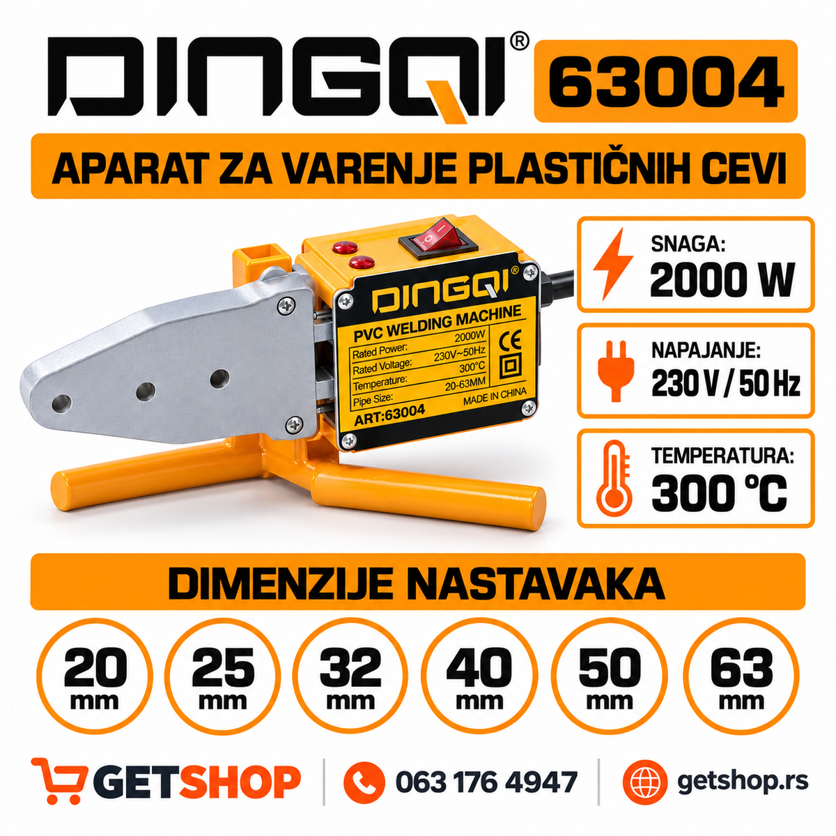 DINGQI aparat za varenje plastičnih cevi 2000 W | 20–63 mm
