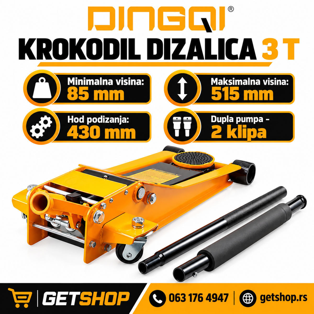 DINGQI niskoprofilna krokodil dizalica 3 t – dupla pumpa | 85–515 mm
