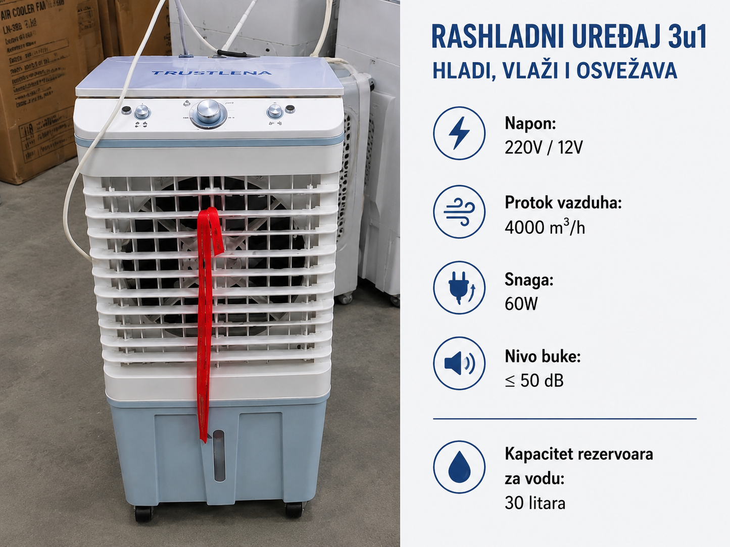 Mobilni Rashladni Uređaj 3u1 – 30L Rezervoar | 4000 m³/h