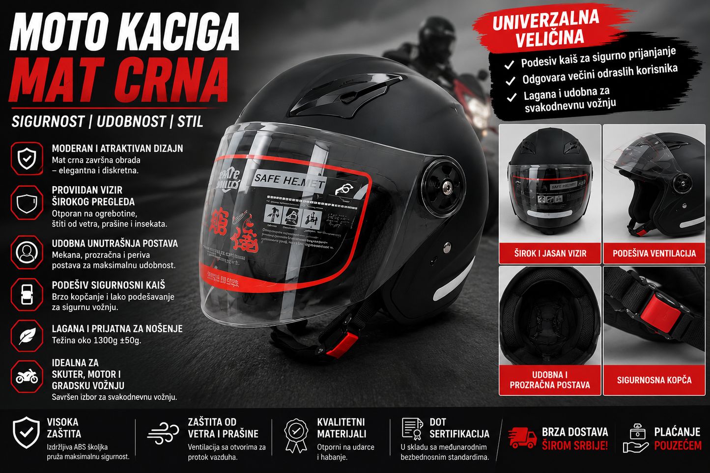 Moto kaciga Mat Crna sa Vizorom – Univerzalna Veličina