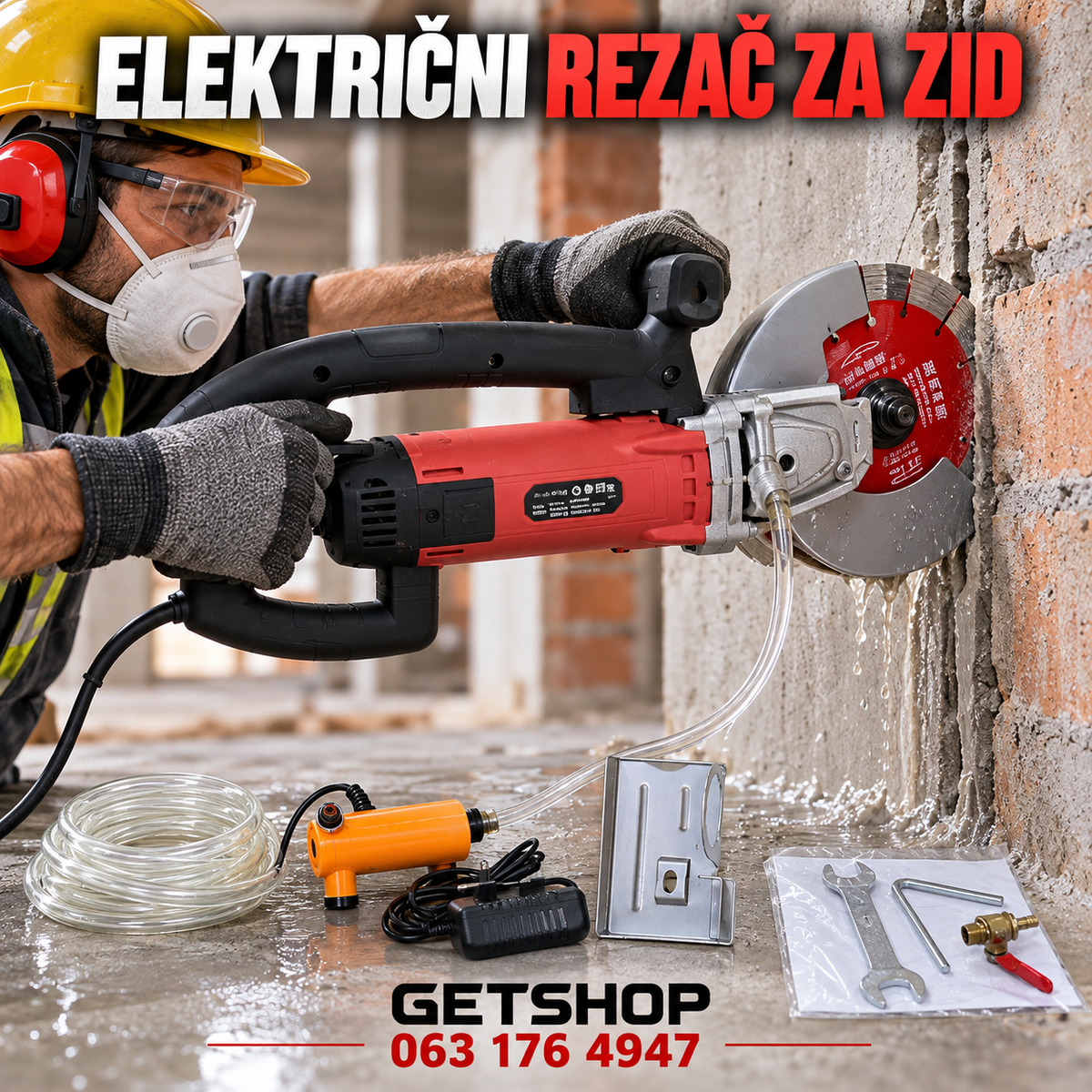 Električni rezač za zid i beton sa dijamantskim diskom i pumpom za vodu