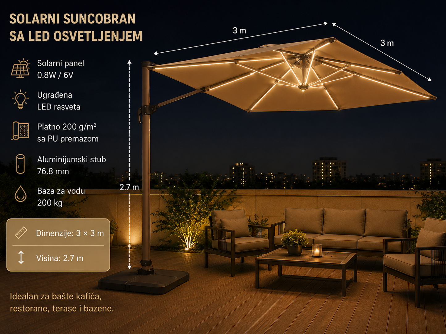 SOLARNI LUX SUNCOBRAN SA LED OSVETLJENJEM 3x3m