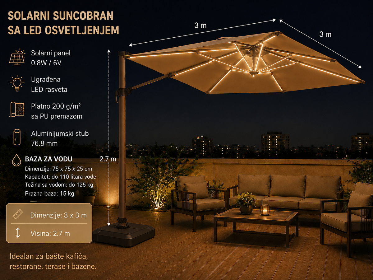 PREMIUM SOLARNI SUNCOBRAN SA LED OSVETLJENJEM 3x3m