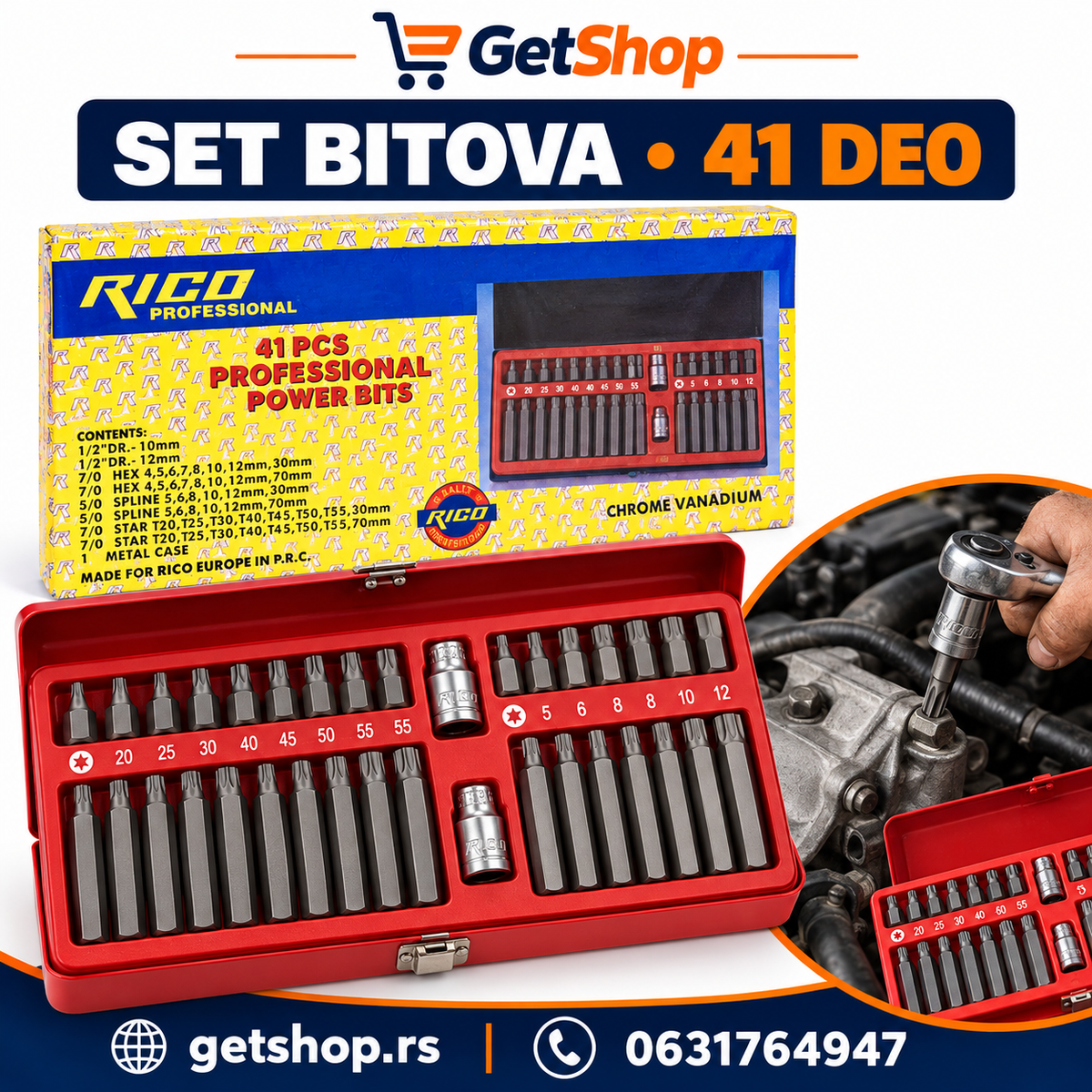 RICO SET BITOVA 41 DEO – IMBUS, TORX I SPLINE U METALNOJ KUTIJI