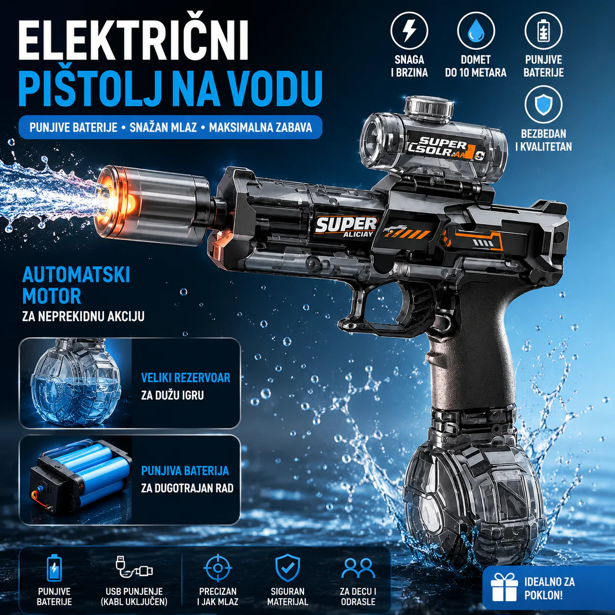 🔫 Električni Pištolj na Vodu sa Punjivom Baterijom