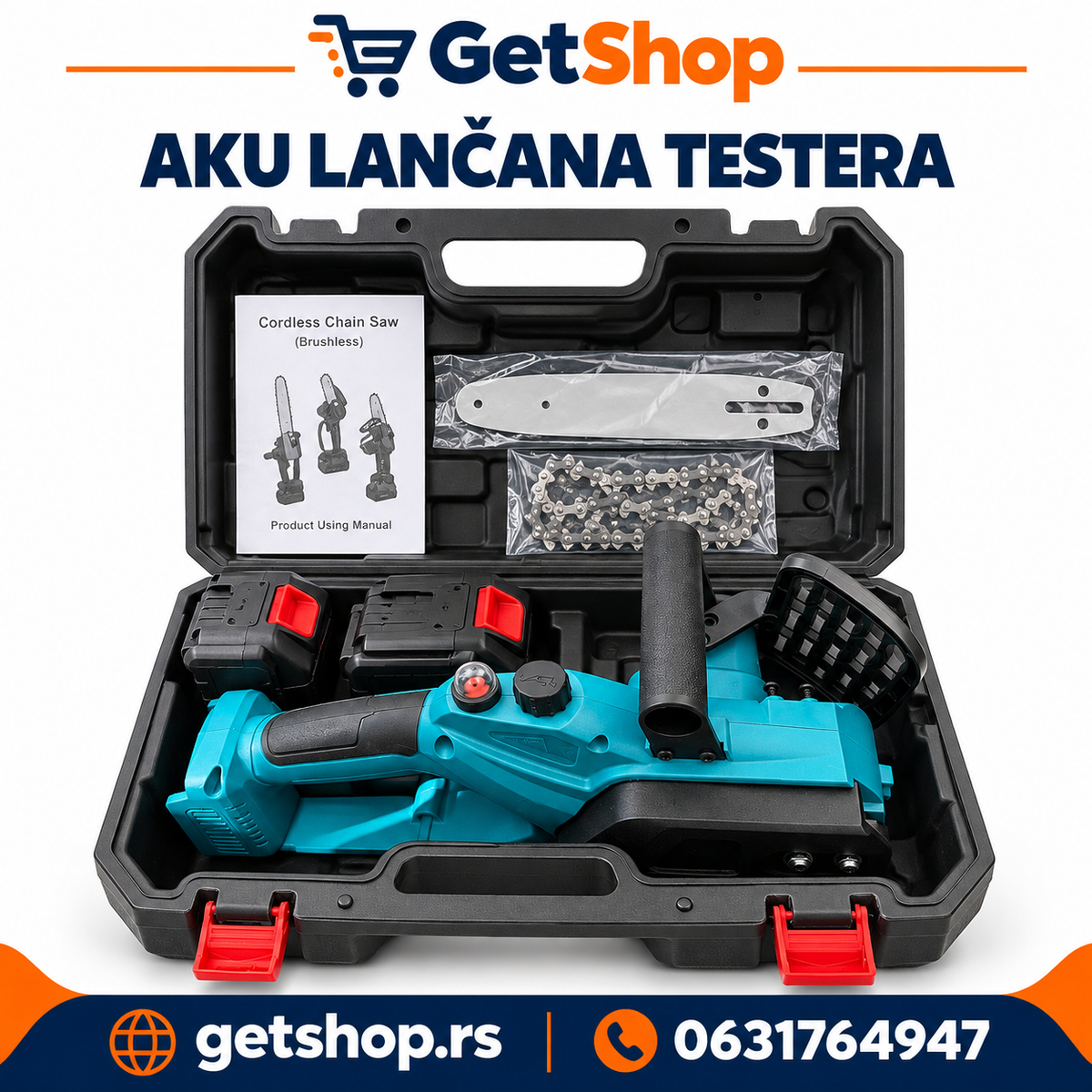 AKUMULATORSKA LANČANA TESTERA 30 cm – MOTOR BEZ ČETKICA + 2 BATERIJE 6 Ah