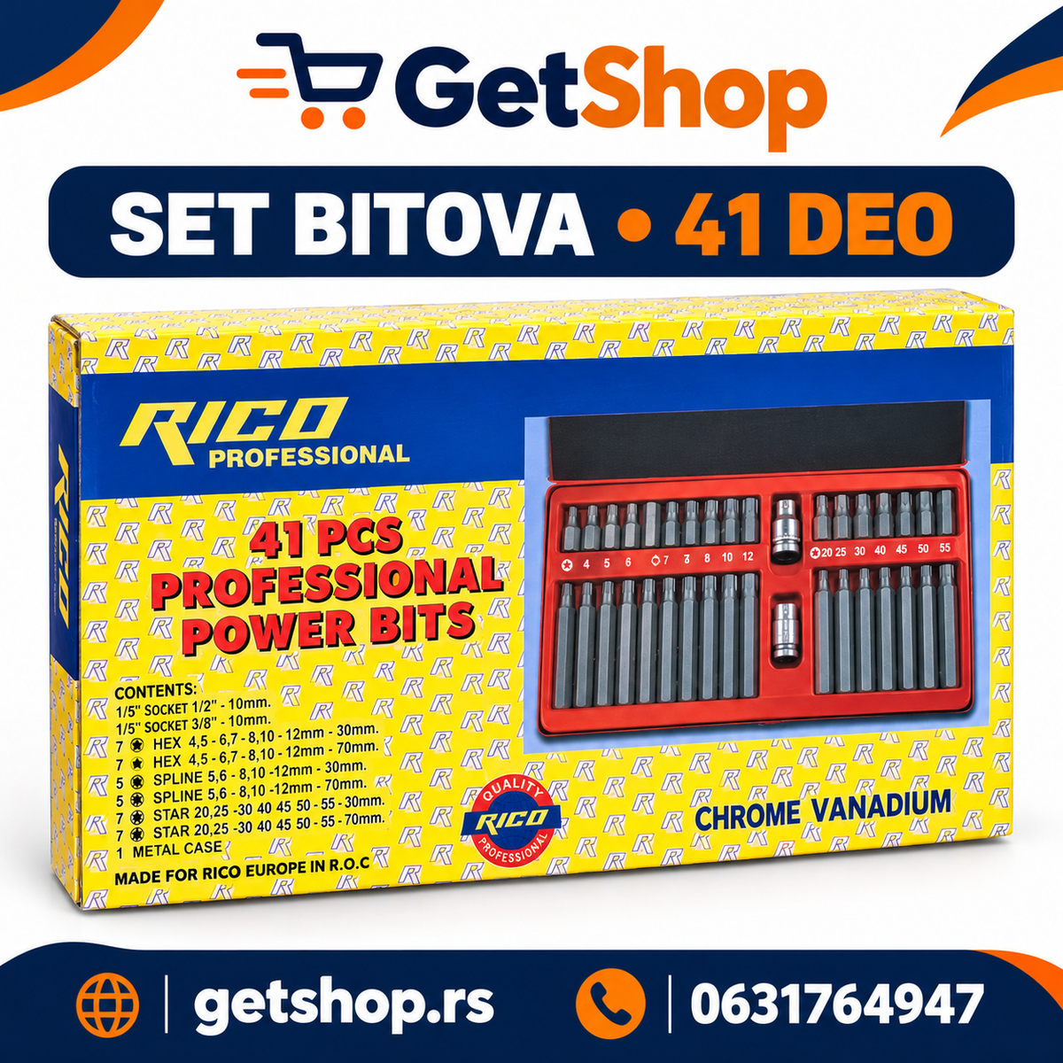 RICO SET BITOVA 41 DEO – IMBUS, TORX I SPLINE U METALNOJ KUTIJI
