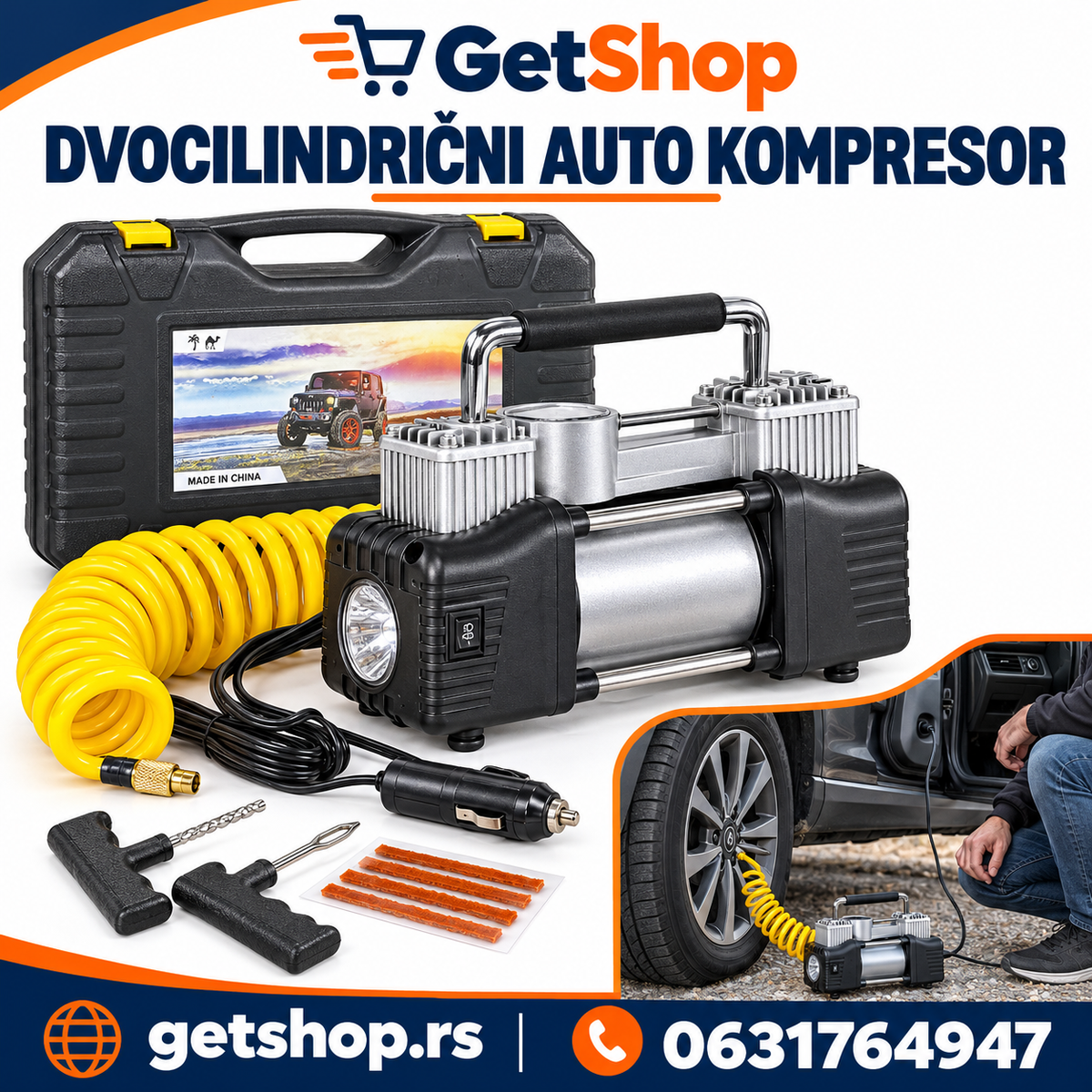 DVOCILINDRIČNI AUTO KOMPRESOR SA LAMPOM I SETOM ZA KRPLJENJE GUMA