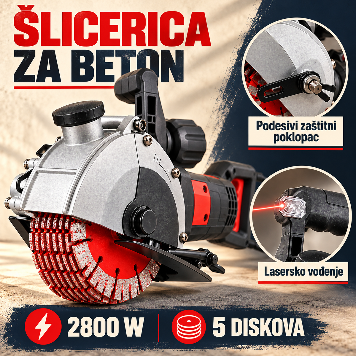 ŠLICERICA ZA BETON SA 5 DISKOVA – 2800 W