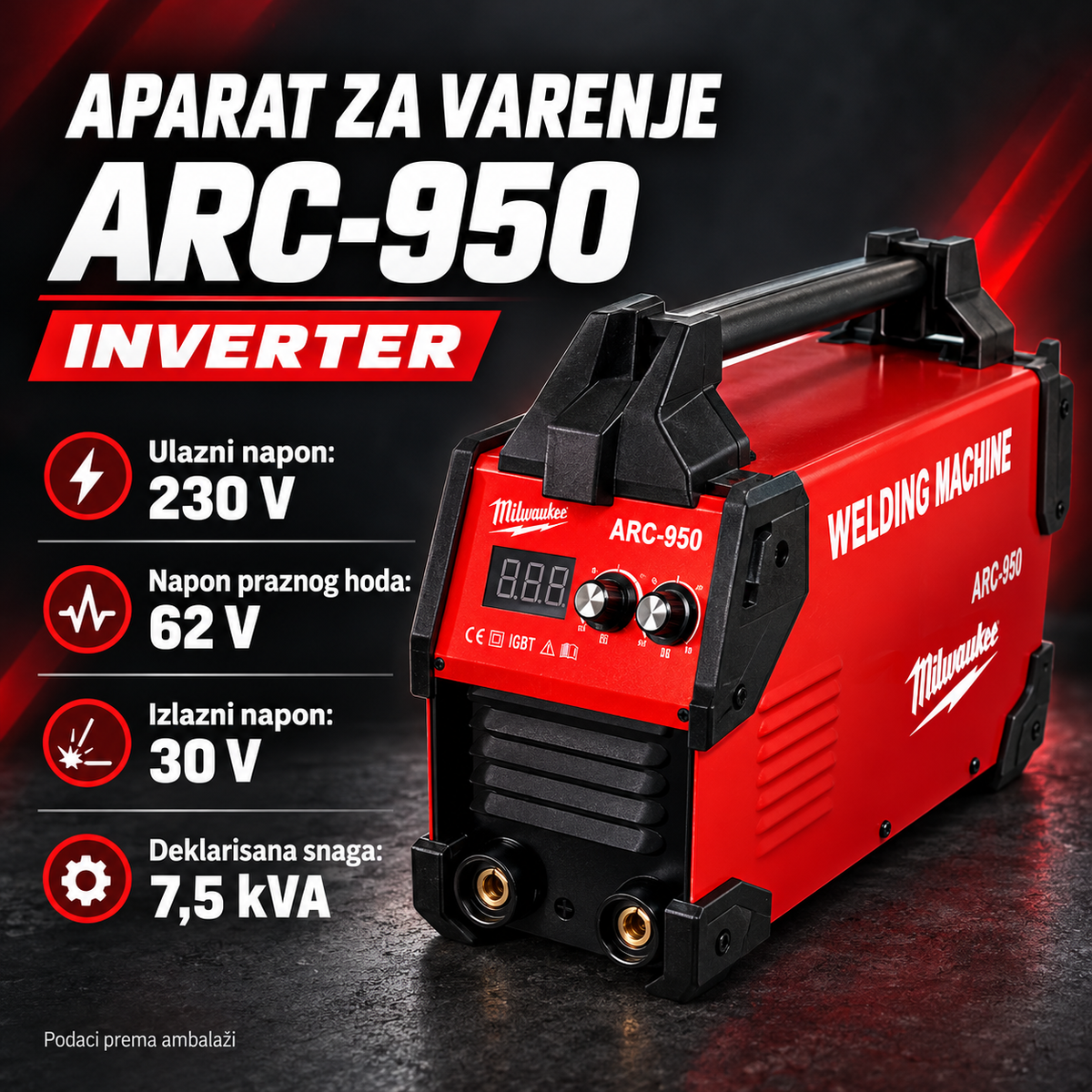 INVERTER APARAT ZA VARENJE ARC-950 | 230 V | 7,5 kVA