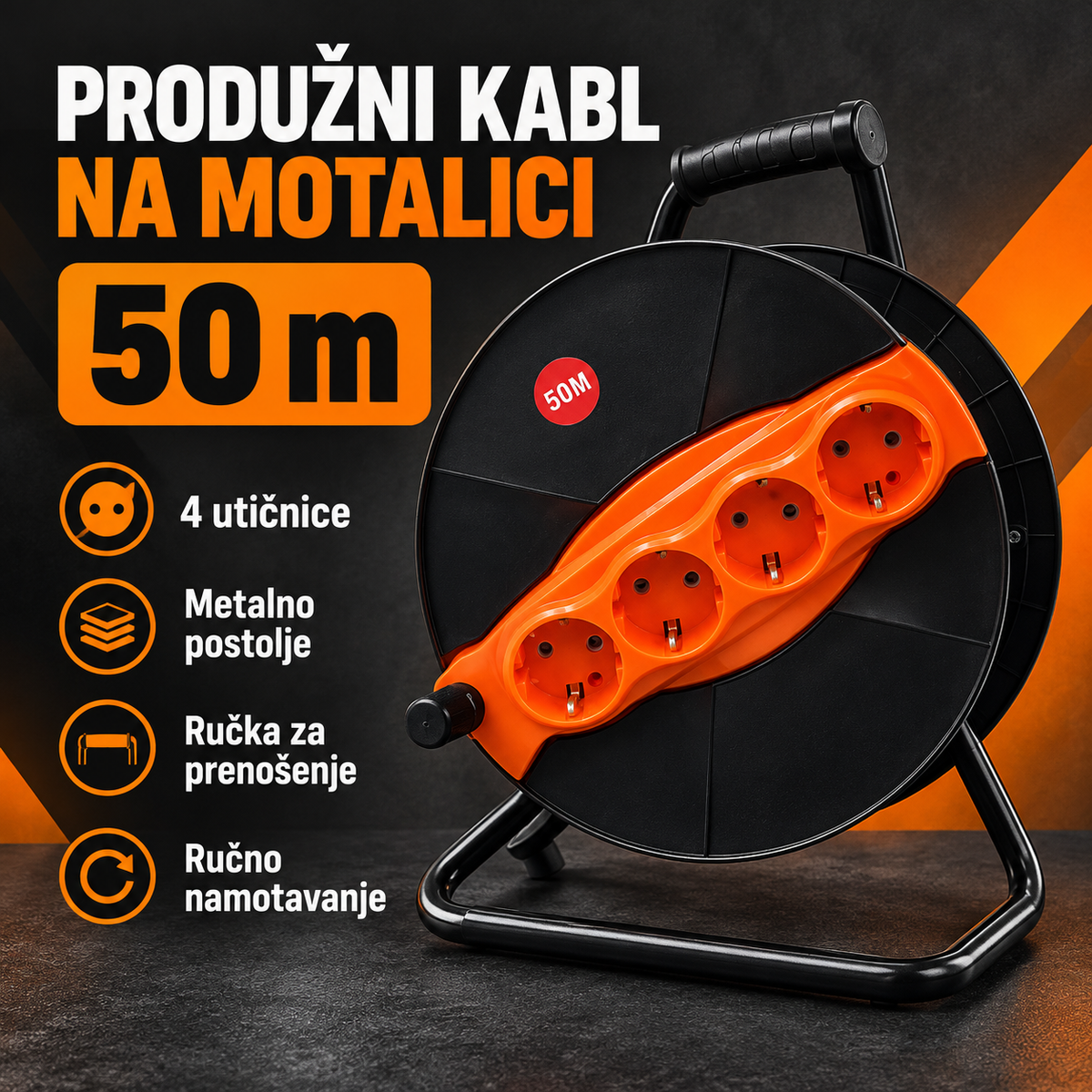 PRODUŽNI KABL NA MOTALICI 50 m | 4 UTIČNICE