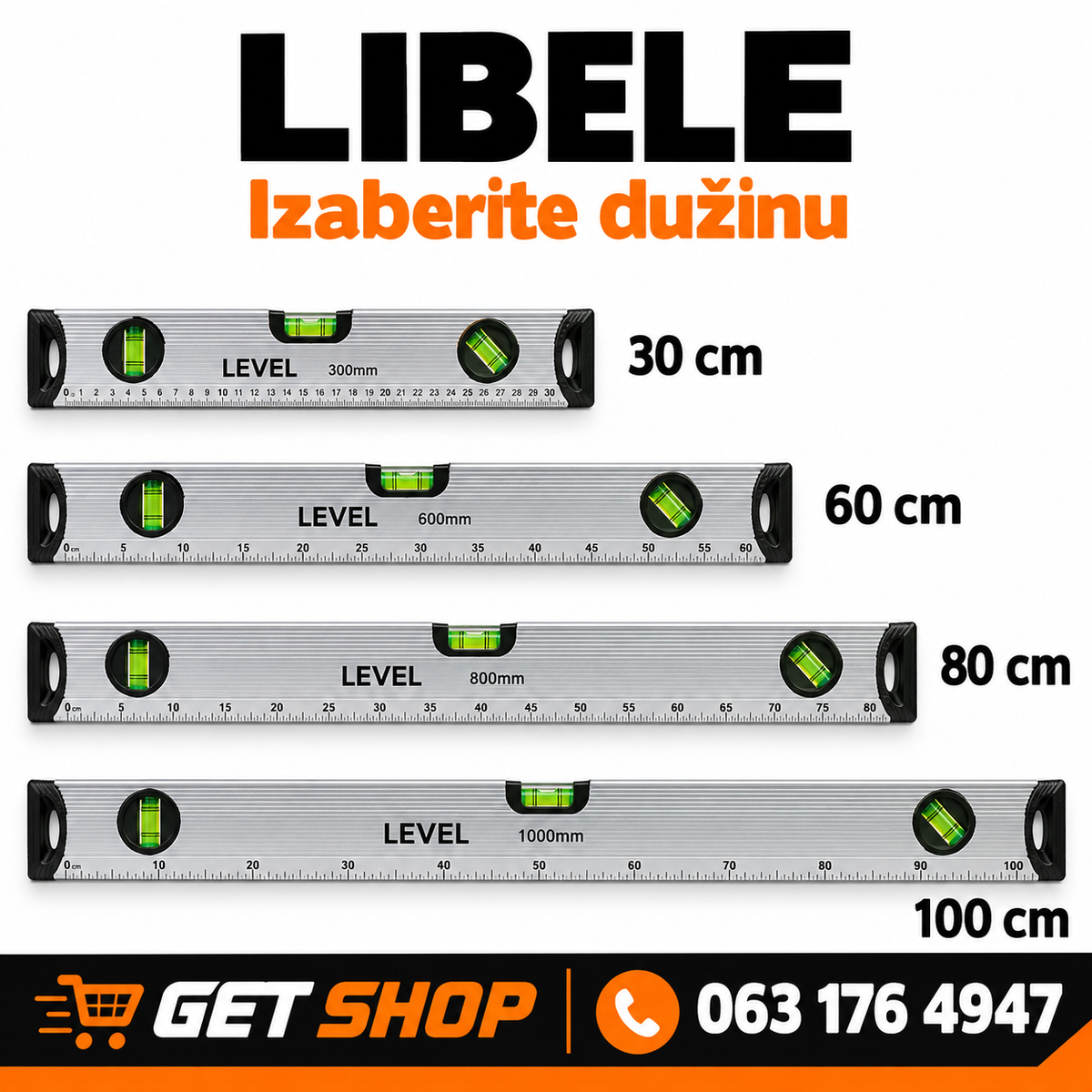 ALUMINIJUMSKE LIBELE U SETU SA MERNOM SKALOM | 30, 60, 80 I 100 cm