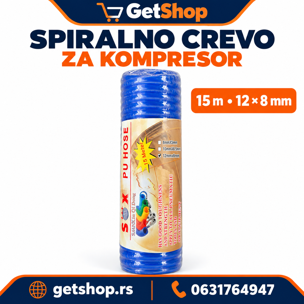SPIRALNO CREVO ZA KOMPRESOR 15 m – 12 × 8 mm SA BRZIM SPOJNICAMA