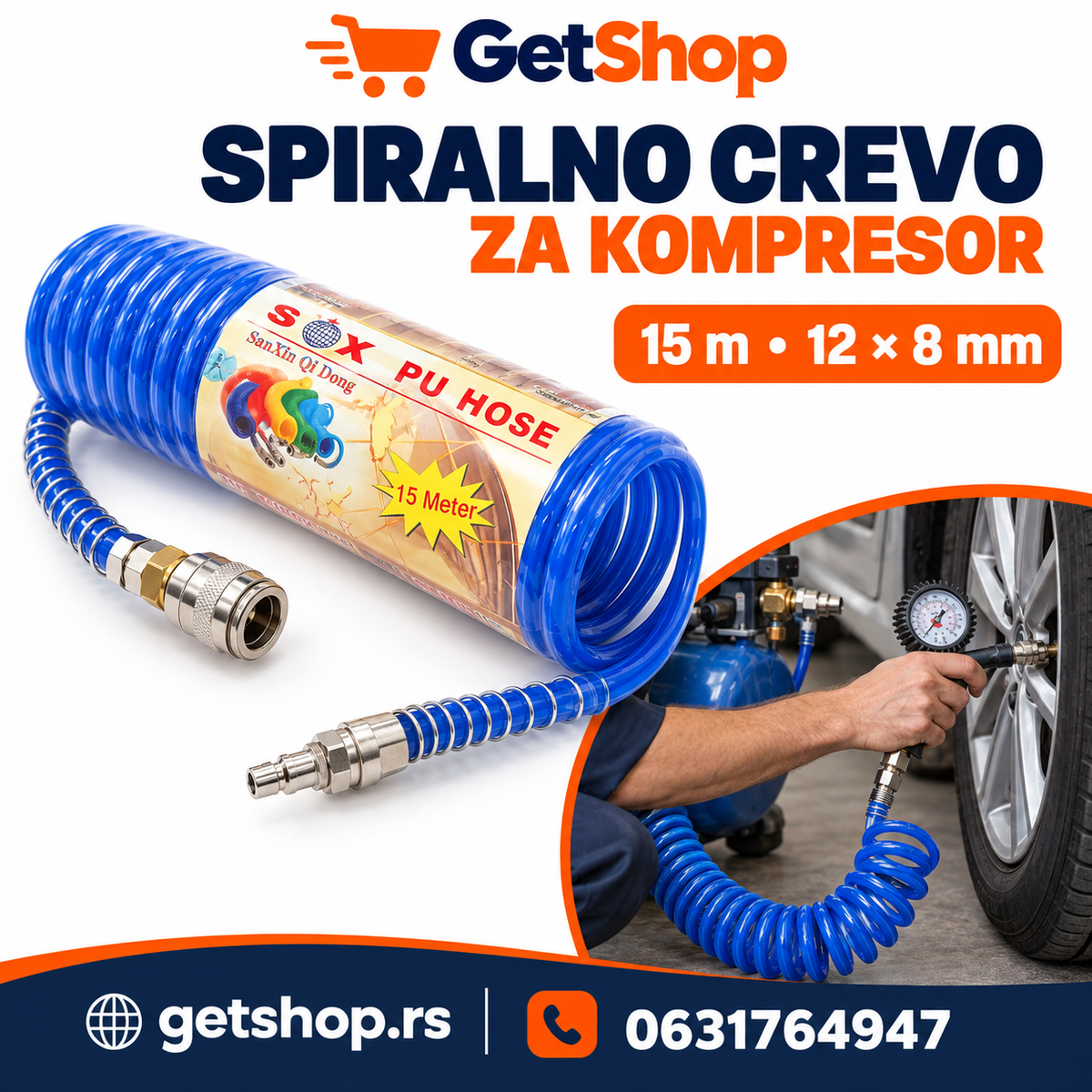 SPIRALNO CREVO ZA KOMPRESOR 15 m – 12 × 8 mm SA BRZIM SPOJNICAMA