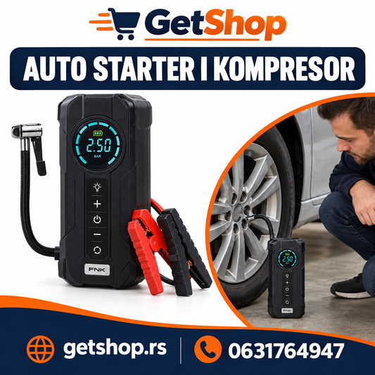 PRENOSNI AUTO STARTER I KOMPRESOR SA DIGITALNIM EKRANOM I LED LAMPOM