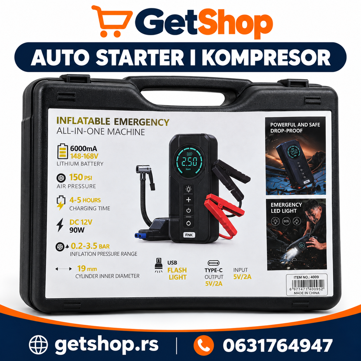 PRENOSNI AUTO STARTER I KOMPRESOR SA DIGITALNIM EKRANOM I LED LAMPOM