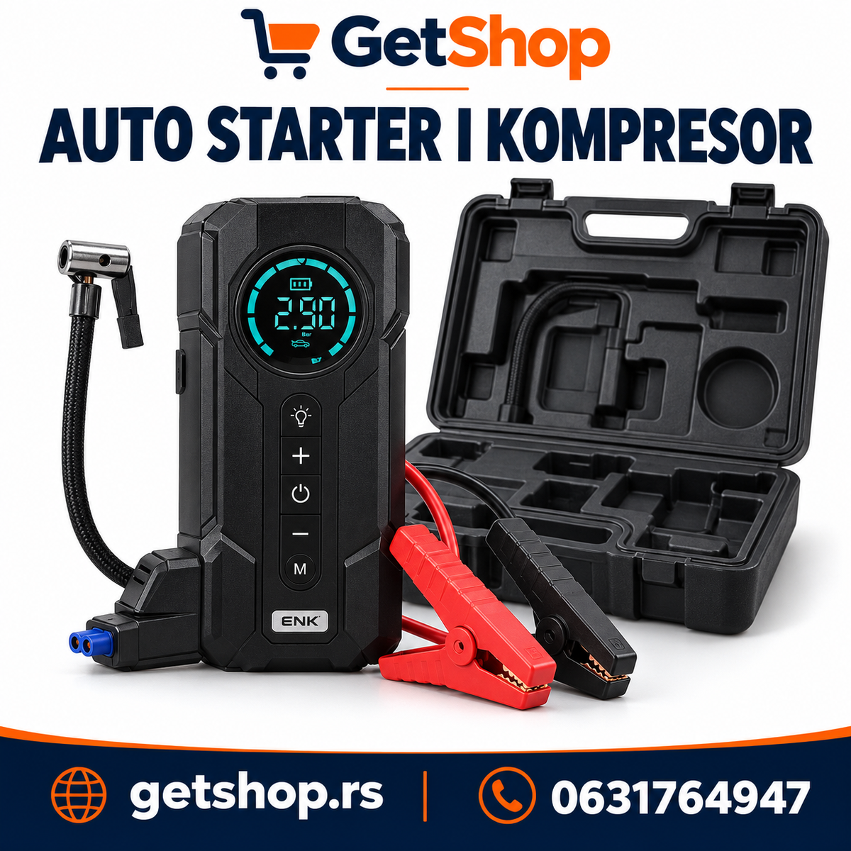 PRENOSNI AUTO STARTER I KOMPRESOR SA DIGITALNIM EKRANOM I LED LAMPOM