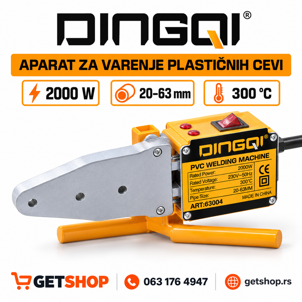 DINGQI aparat za varenje plastičnih cevi 2000 W | 20–63 mm