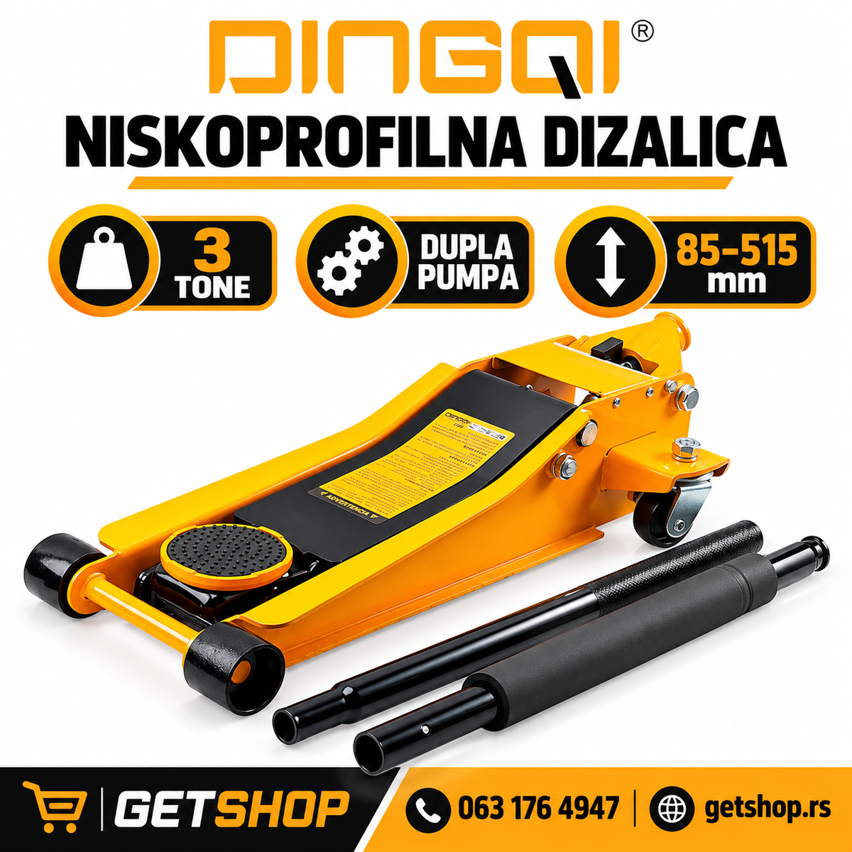 DINGQI niskoprofilna krokodil dizalica 3 t – dupla pumpa | 85–515 mm